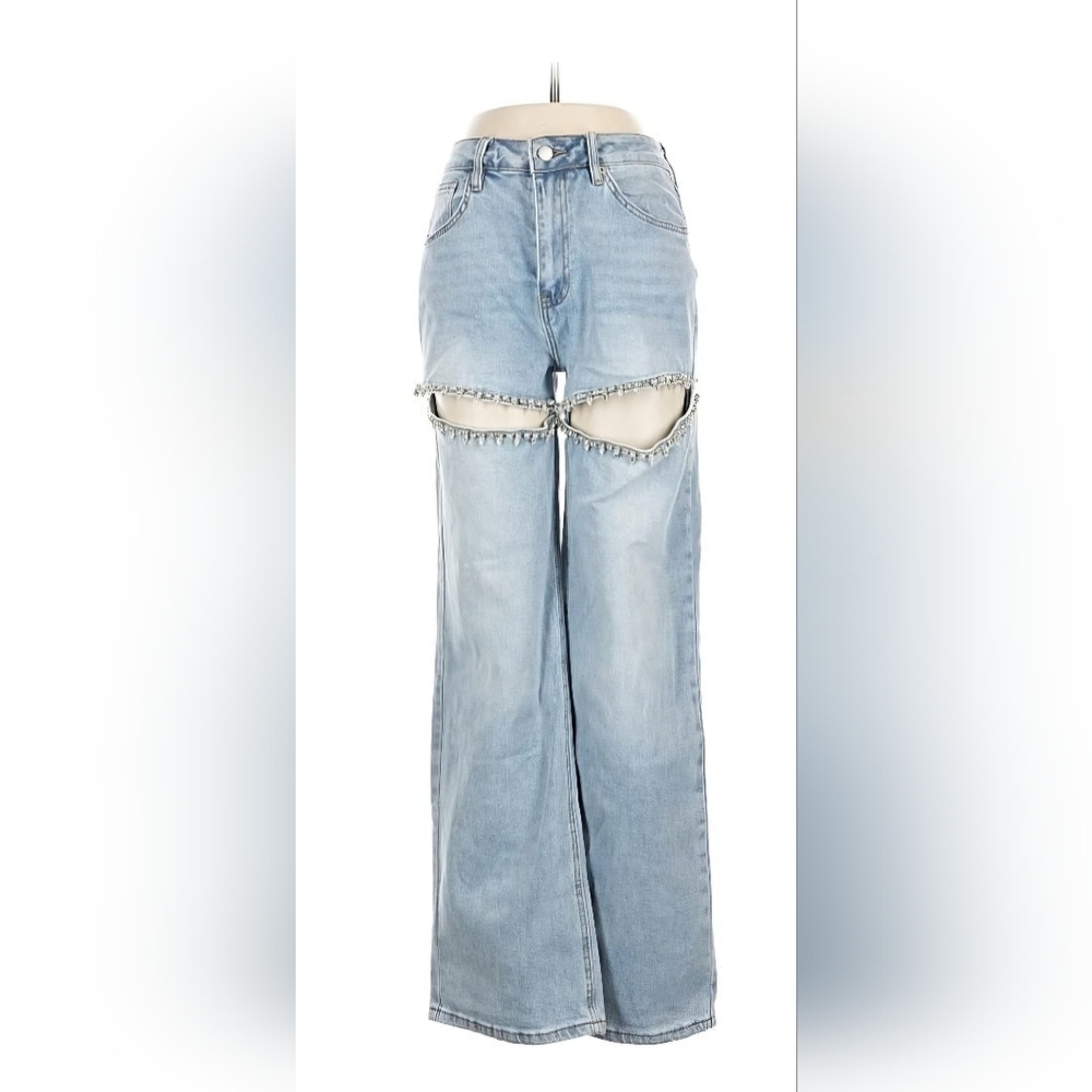 Rhinestone Embellished Cutout Jeans - Picture 2 of 5